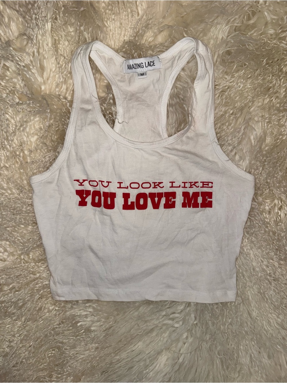 Amazing Lace White Racerback Crop Tank with Red Slogan